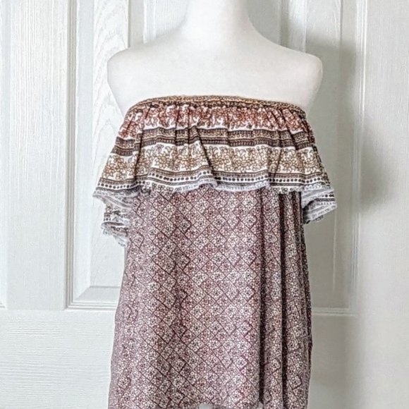 JANE AND DELANCEY Women's On or Off Shoulder Top Blouse Size M Peach Print NWOT - Picture 2 of 7